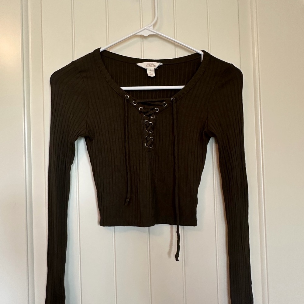 Sun & Shadow Lace-Up Ribbed Dark Green Crop Top